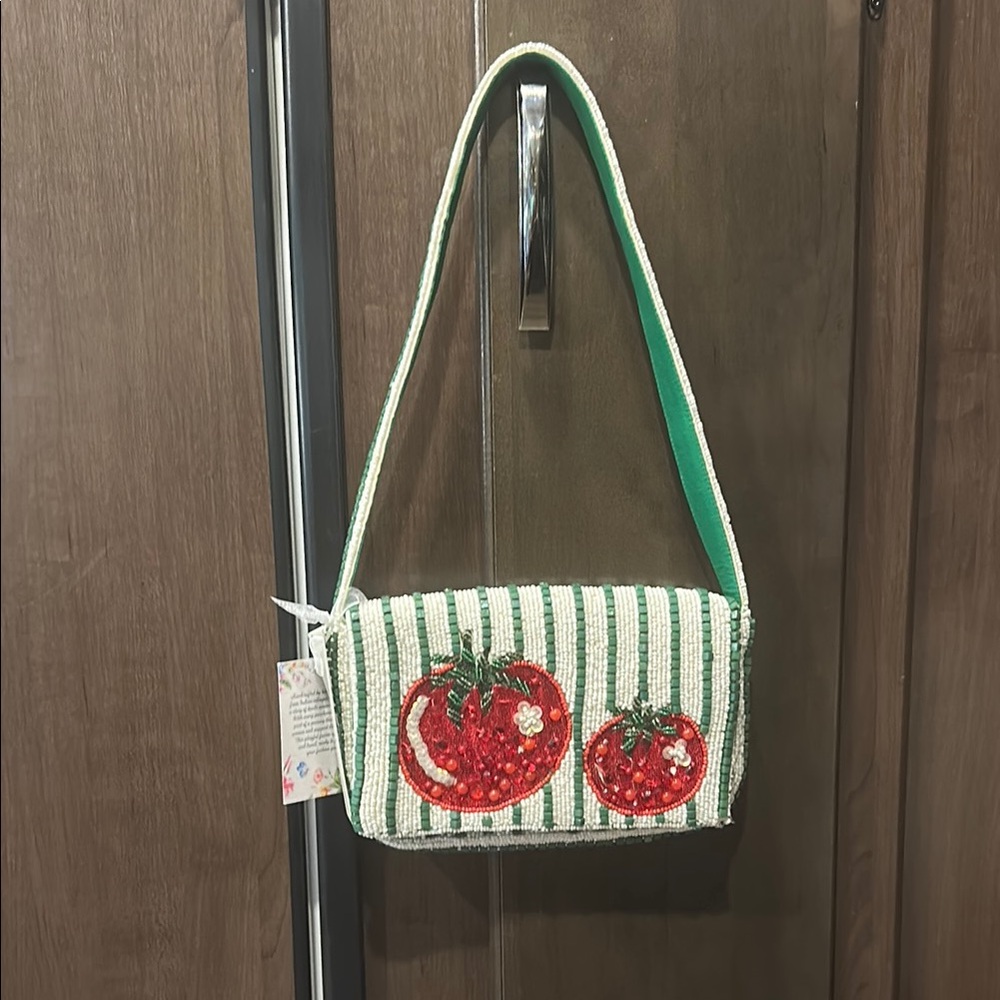 Beaded Striped Green and White Bag with Tomato Design